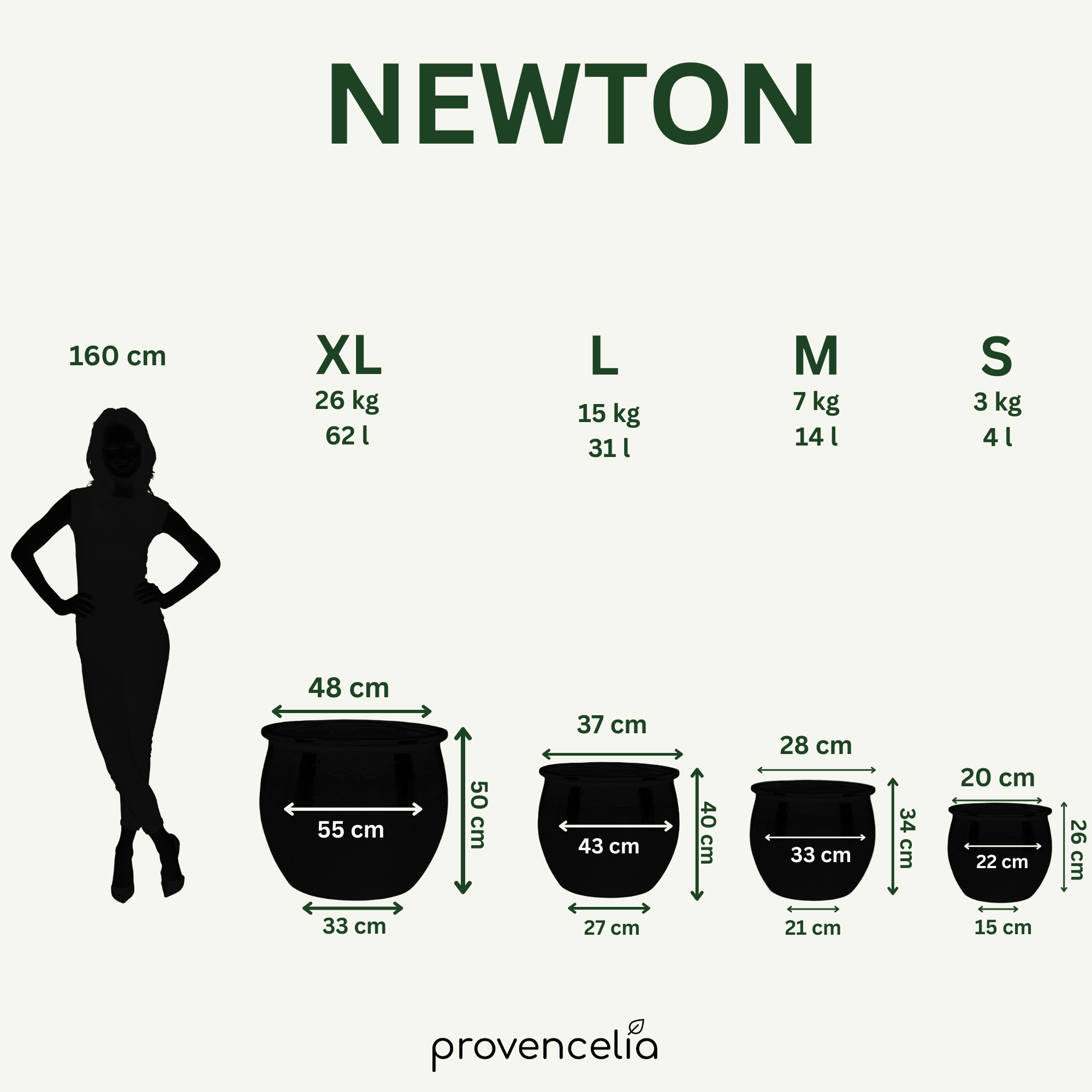 Größenvergleich Keramik-Pflanzkübel NEWTON Lila – Größen M bis XXL
