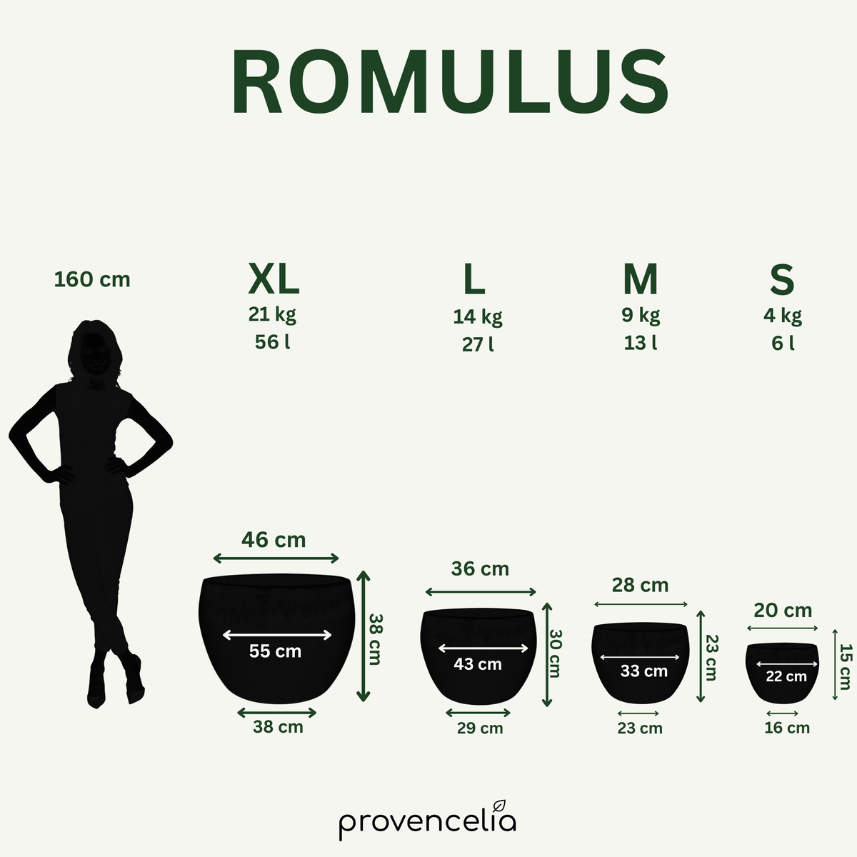 Größenvergleich Keramik-Pflanzkübel ROMULUS Azurblau – Größen M bis XXL