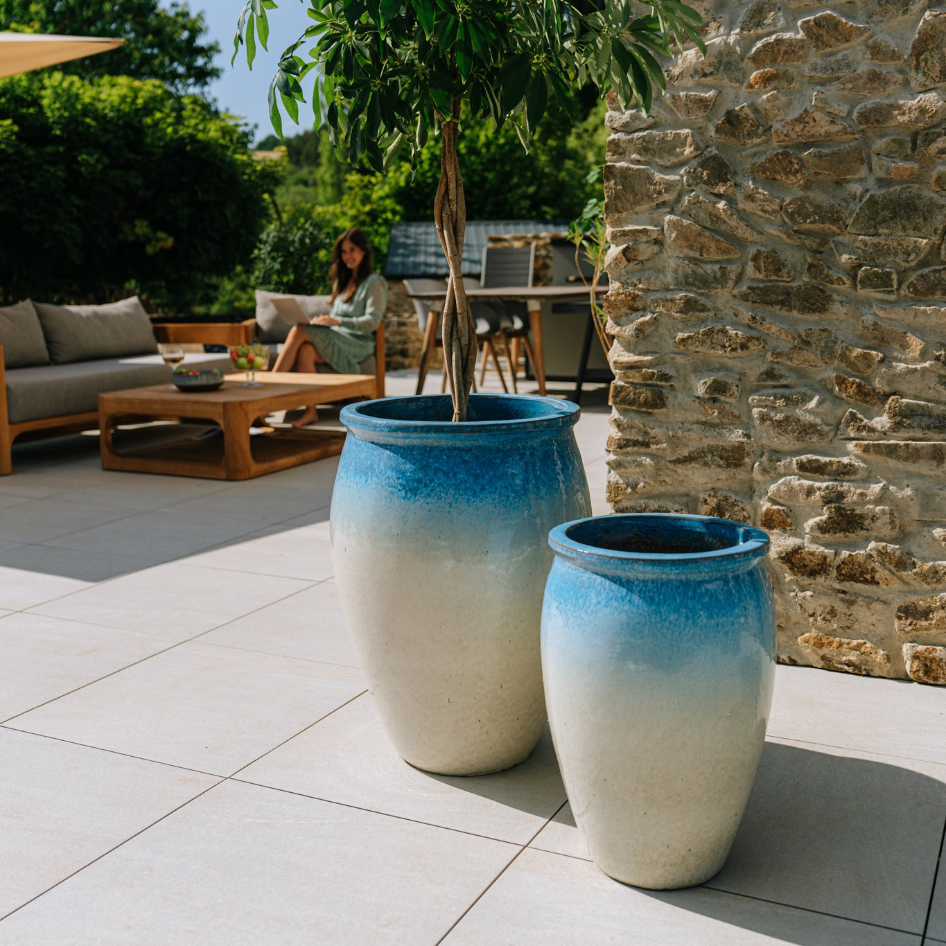 Keramik-Blumentopf BACCHUS - Weiß-Blau