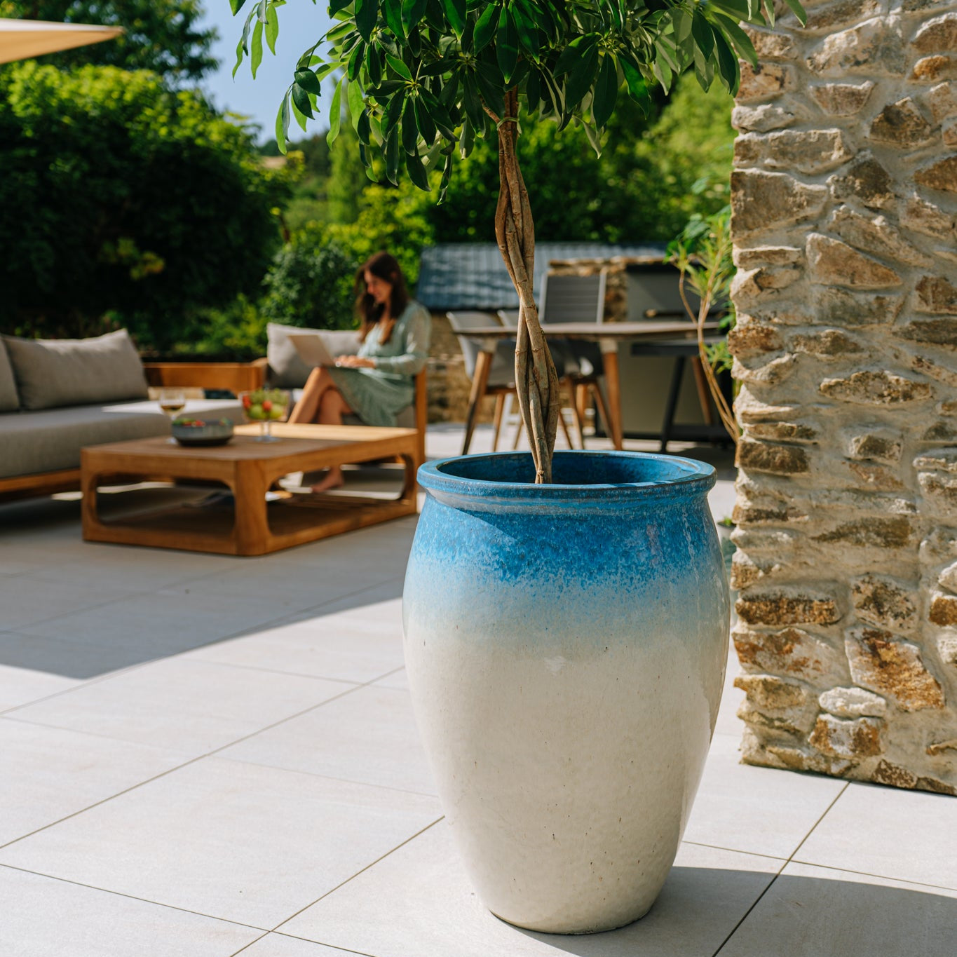 Keramik-Blumentopf BACCHUS - Weiß-Blau