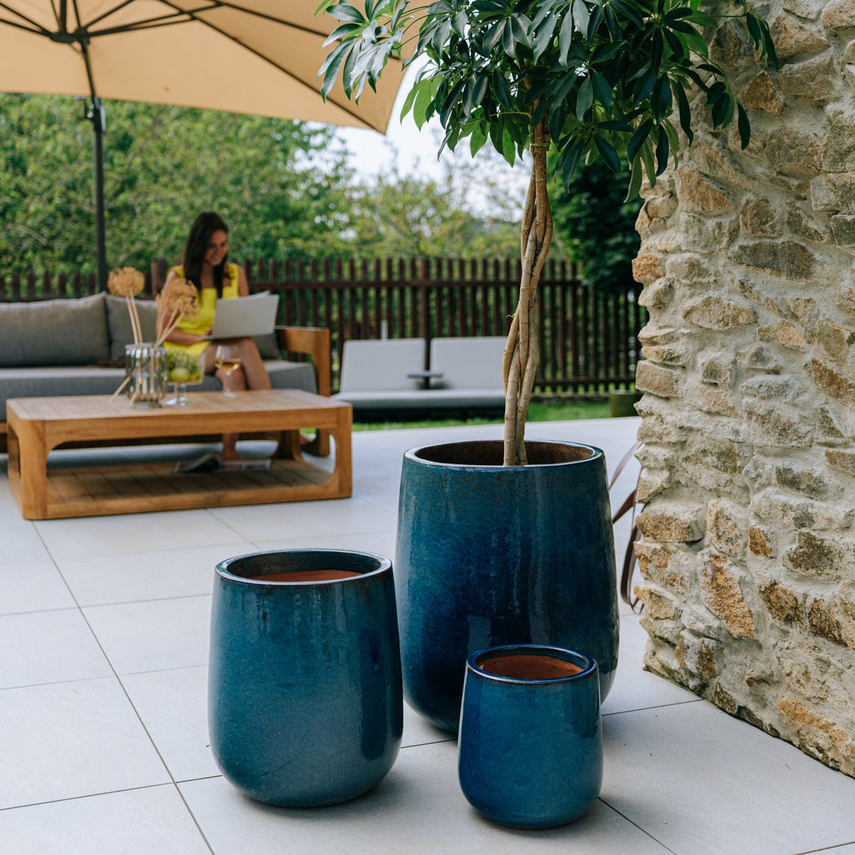Provencelia Pflanzkübel DIANE Azurblau – glasierte Keramik, Anduze-Stil
