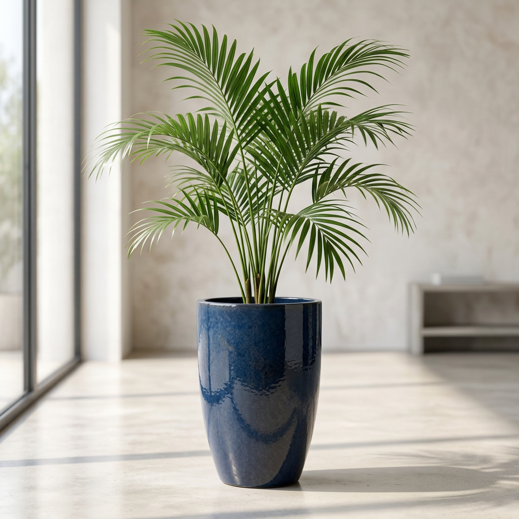Vysoký safírově modrý keramický květináč Mazarin 2 s palmou v interiéru