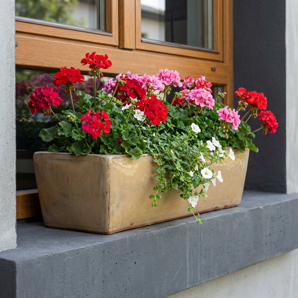 Detailní čelní pohled na keramický truhlík GIONO - Olivově zelená s muškáty na venkovním parapetu moderního domu.