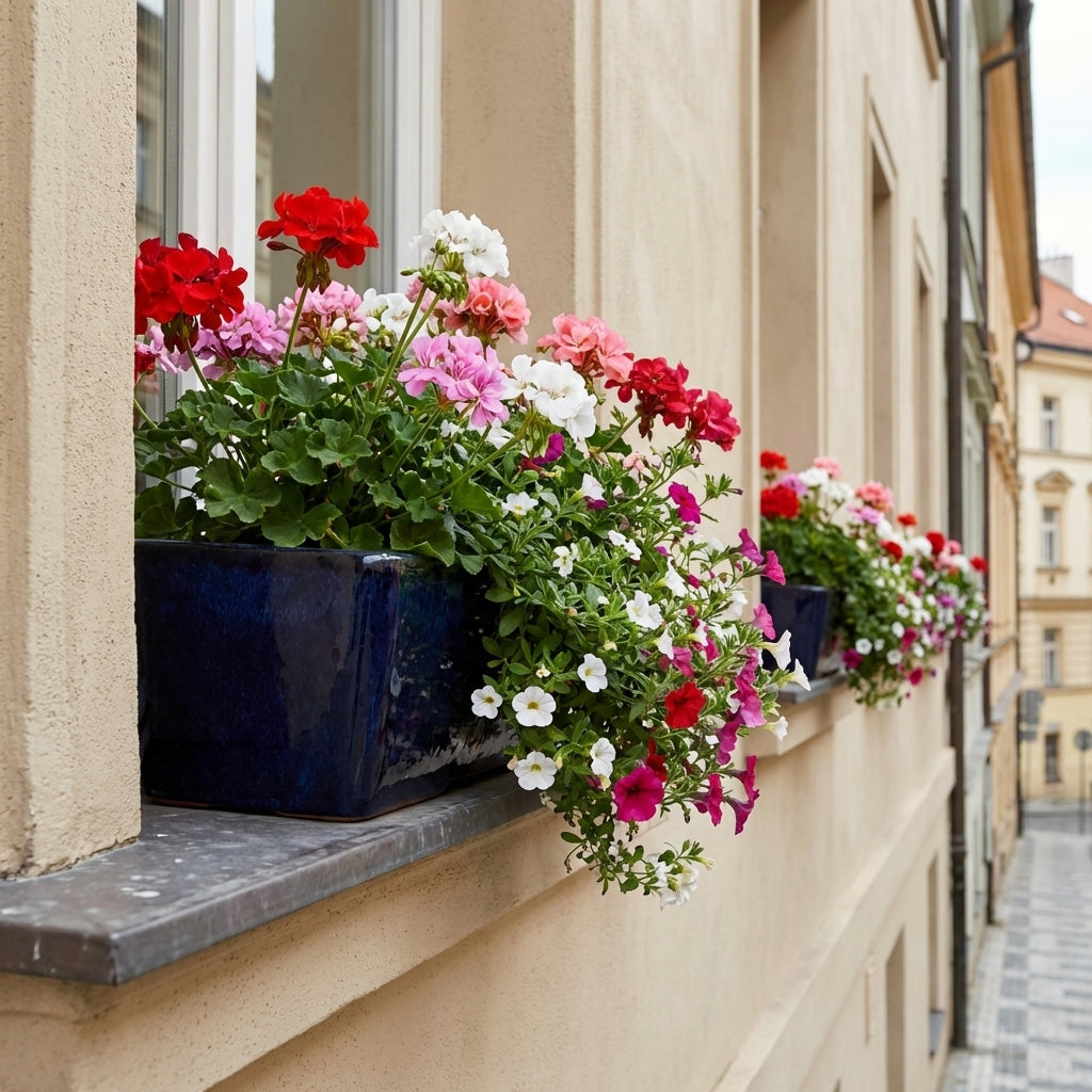 Keramický truhlík GIONO - Safírová (75x21x18 cm) osázený muškáty na venkovním parapetu moderního pražského domu s béžovou fasádou.