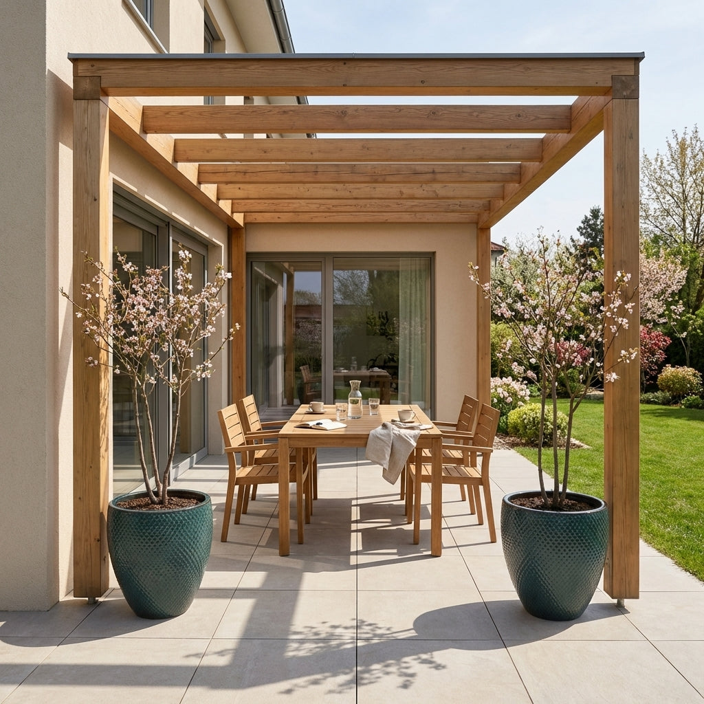 Petrolejově modrý keramický květináč Signac s buxusem v detailním záběru na moderní rodinné terase v jarním slunci.