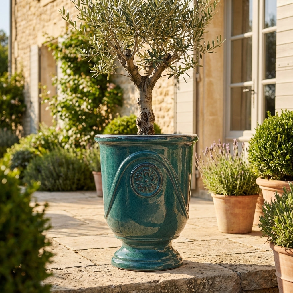 Keramický květináč Moliere Petrolejově modrý v detailním pohledu. Ručně vyráběný glazovaný květináč z terakoty s ozdobným reliéfem a lesklou glazurou na prosluněné kamenné terase vily.