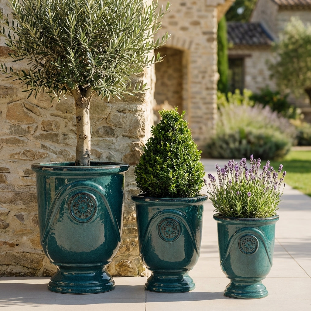 Keramický květináč Moliere Petrolejově modrý v detailním pohledu. Ručně vyráběný glazovaný květináč z terakoty s ozdobným reliéfem a lesklou glazurou na prosluněné kamenné terase vily.