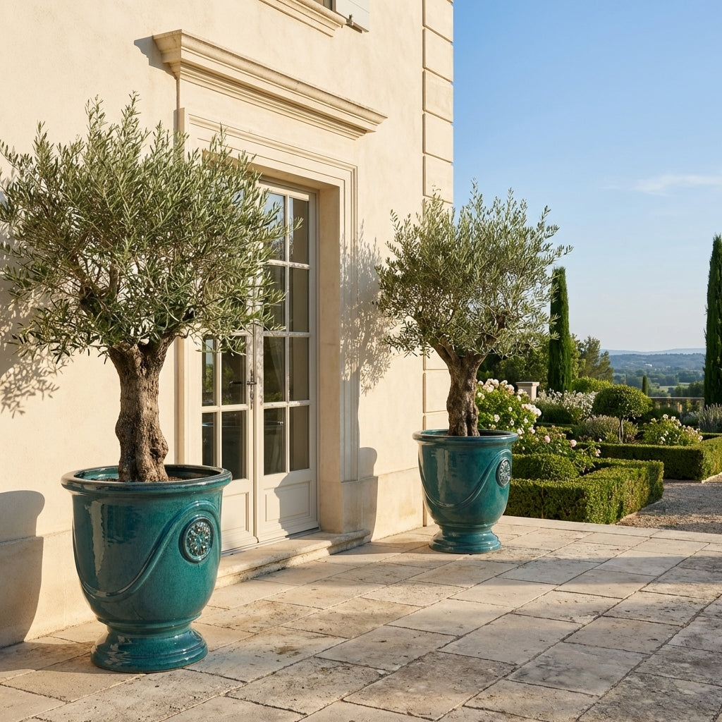 Keramický květináč Moliere Petrolejově modrý v detailním pohledu. Ručně vyráběný glazovaný květináč z terakoty s ozdobným reliéfem a lesklou glazurou na prosluněné kamenné terase vily.