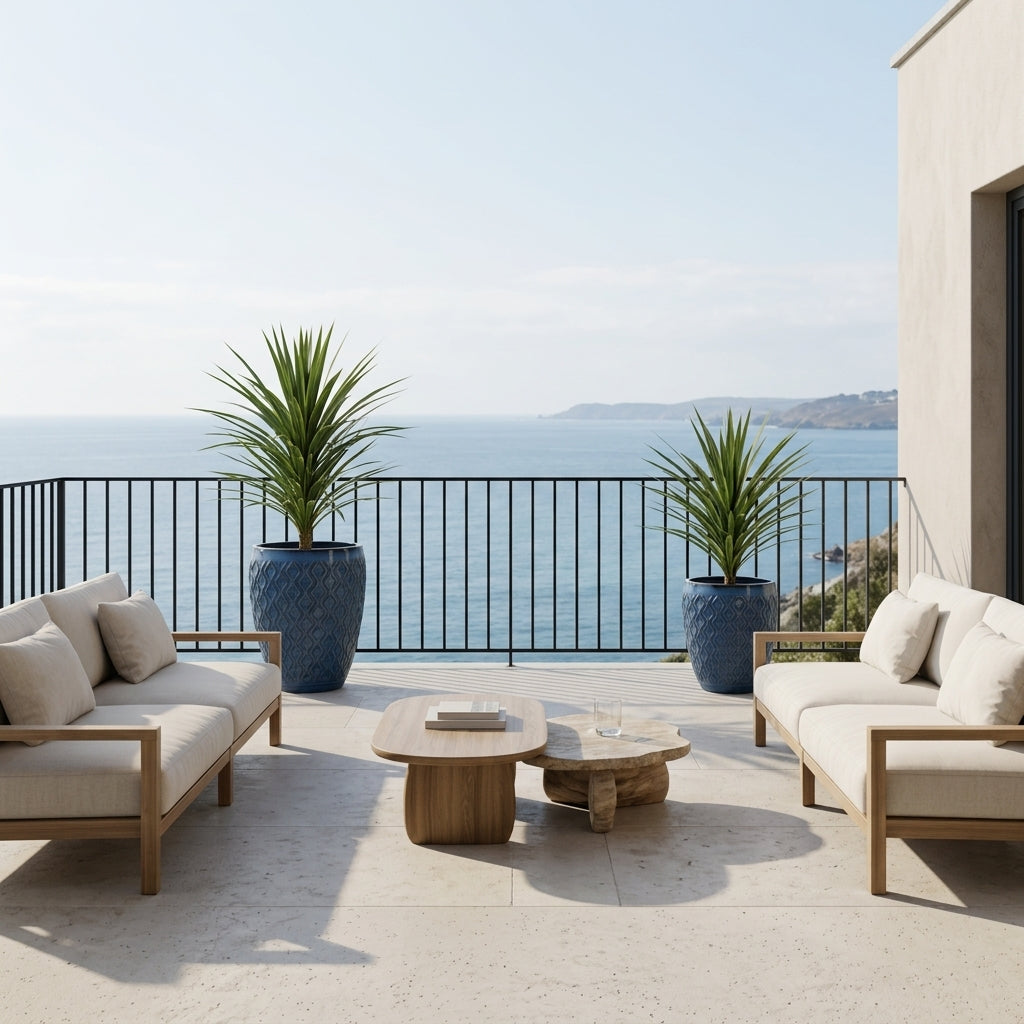 Detailní pohled na Keramický květináč Phenix - Antická modrá s rostlinou Cordyline na kamenné terase s výhledem na oceán.