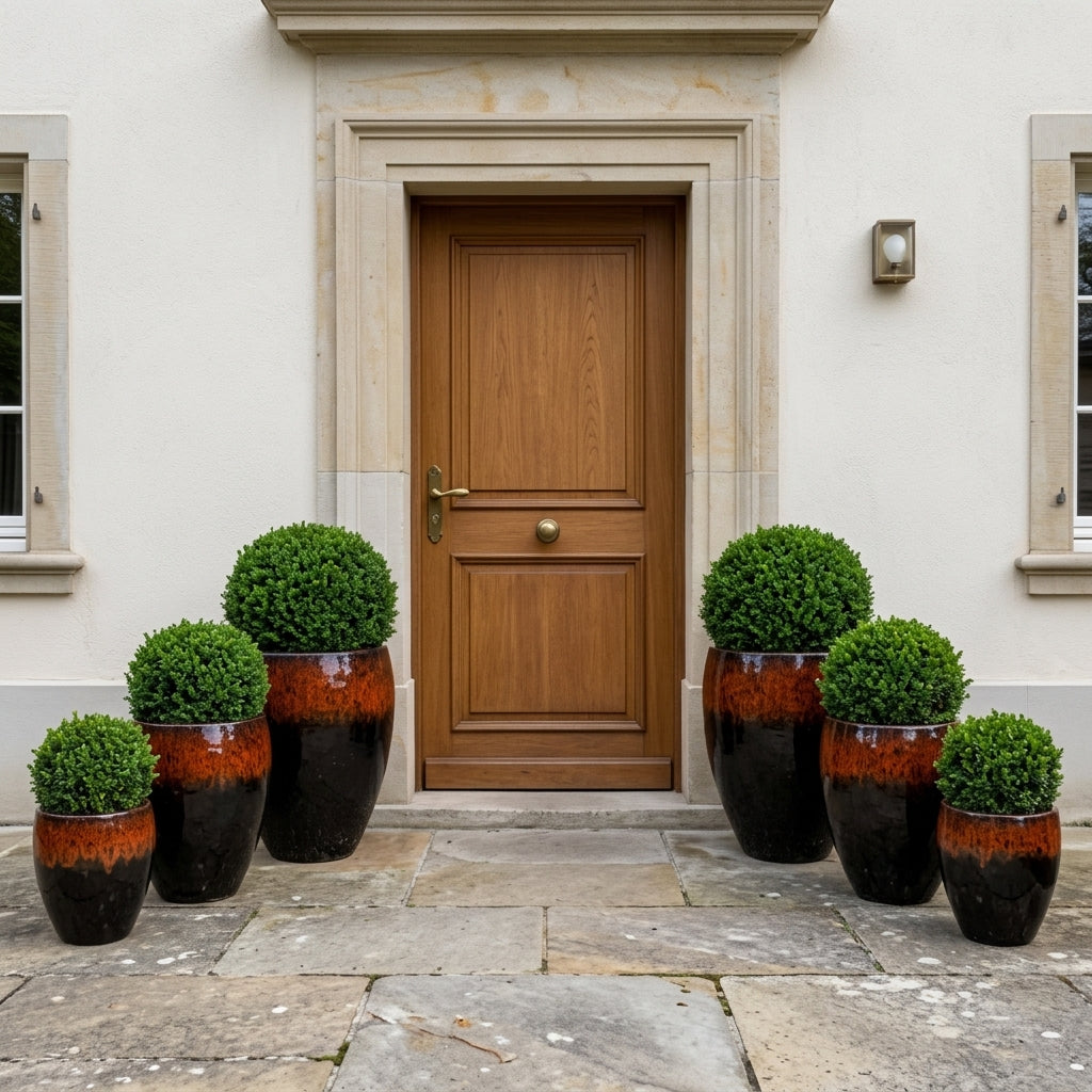 Detail na velký keramický květináč Poseidon - Černo oranžová s kulatým buxusem před starými dřevěnými dveřmi. Žena v bílých šatech se jemně dotýká rostliny.