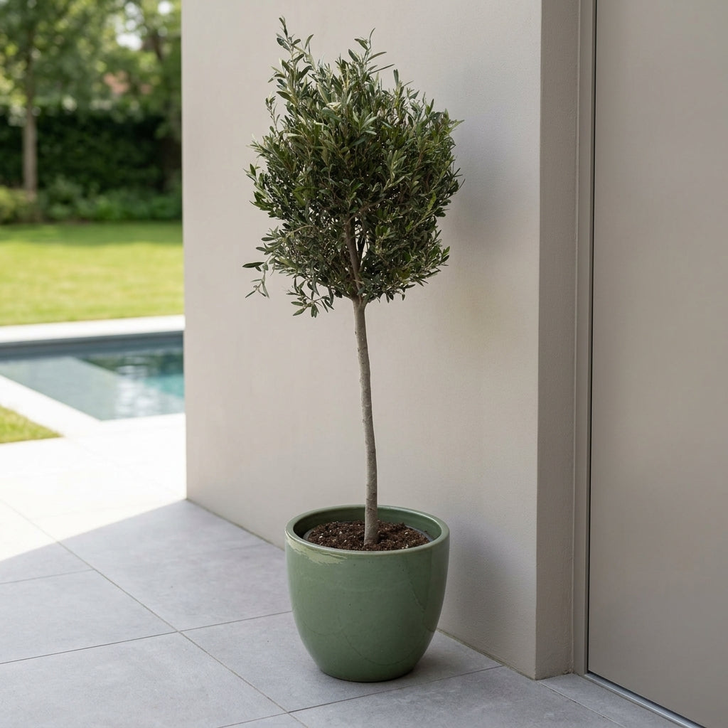 Olivenbaum schlanker Stamm im Pflanzkübel LANCELOT Jade-Perle – draußen auf der Terrasse