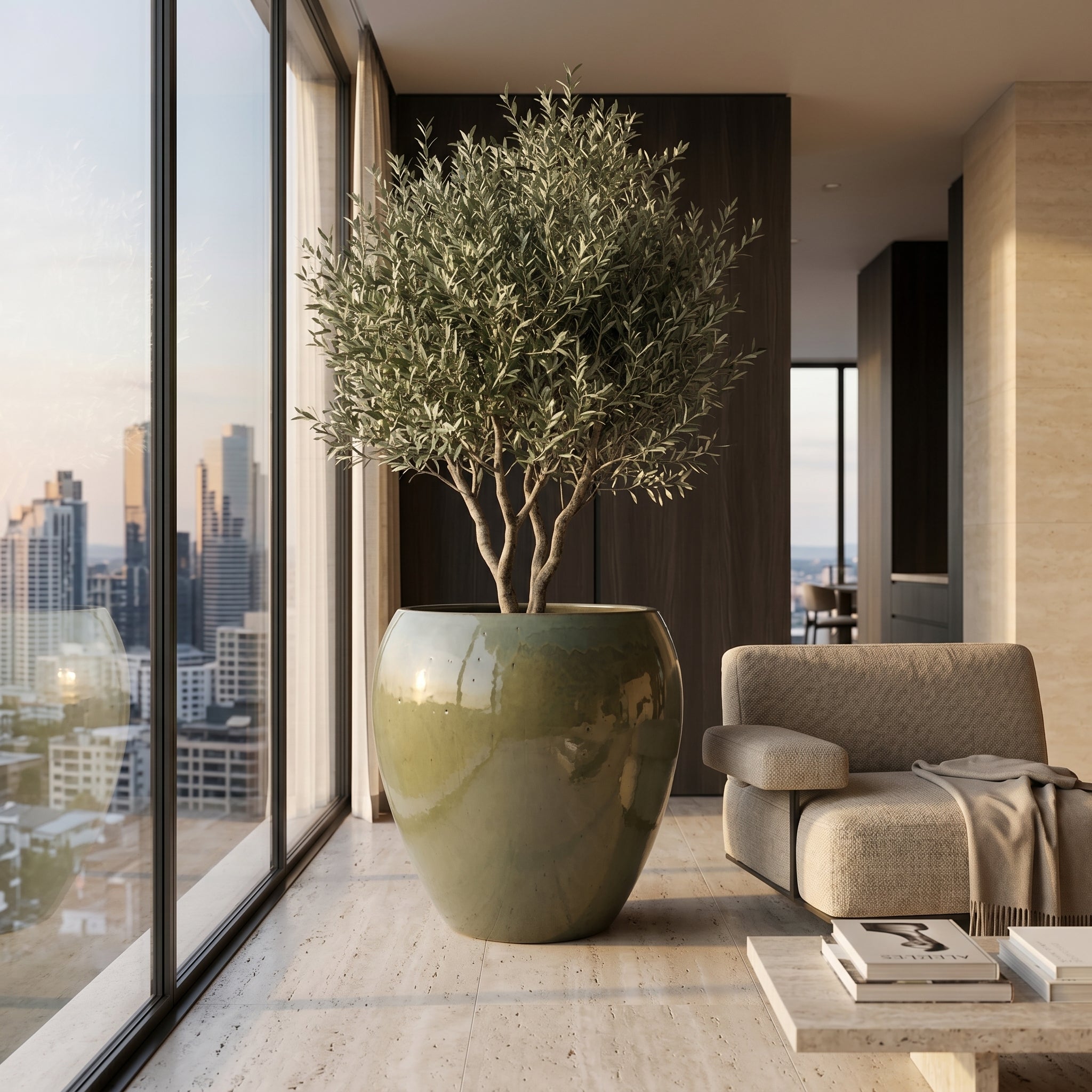 Velký keramický květináč LAFONTAINE 2 - Khaki - XXL (68x68 cm) se vzrostlým olivovníkem v luxusním moderním interiéru penthousu.