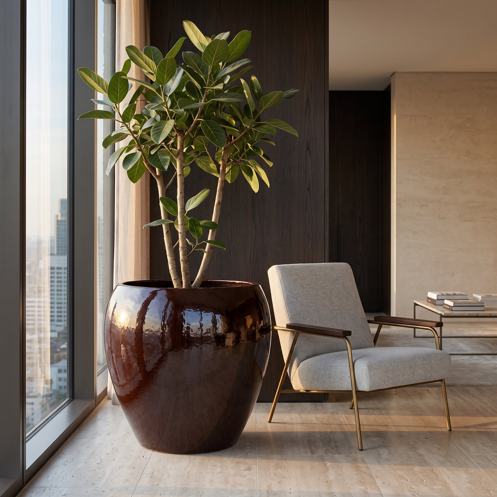 Velký keramický květináč LAFONTAINE 2 - Vínová - XXL (68x68 cm) s rostlinou Ficus Audrey v luxusním moderním interiéru vedle designového křesla.