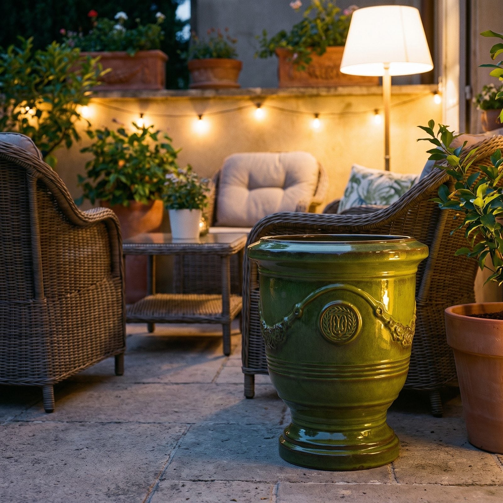 Abendliche Terrasse mit Lampen und Pflanzkübeln RICHELIEU Tropengrün mit Blick auf die Bucht