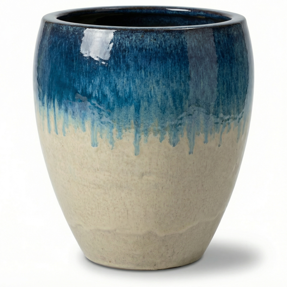Keramik-Pflanzkübel POSEIDON - Weiß/Blau - L: 36 x 43 cm
