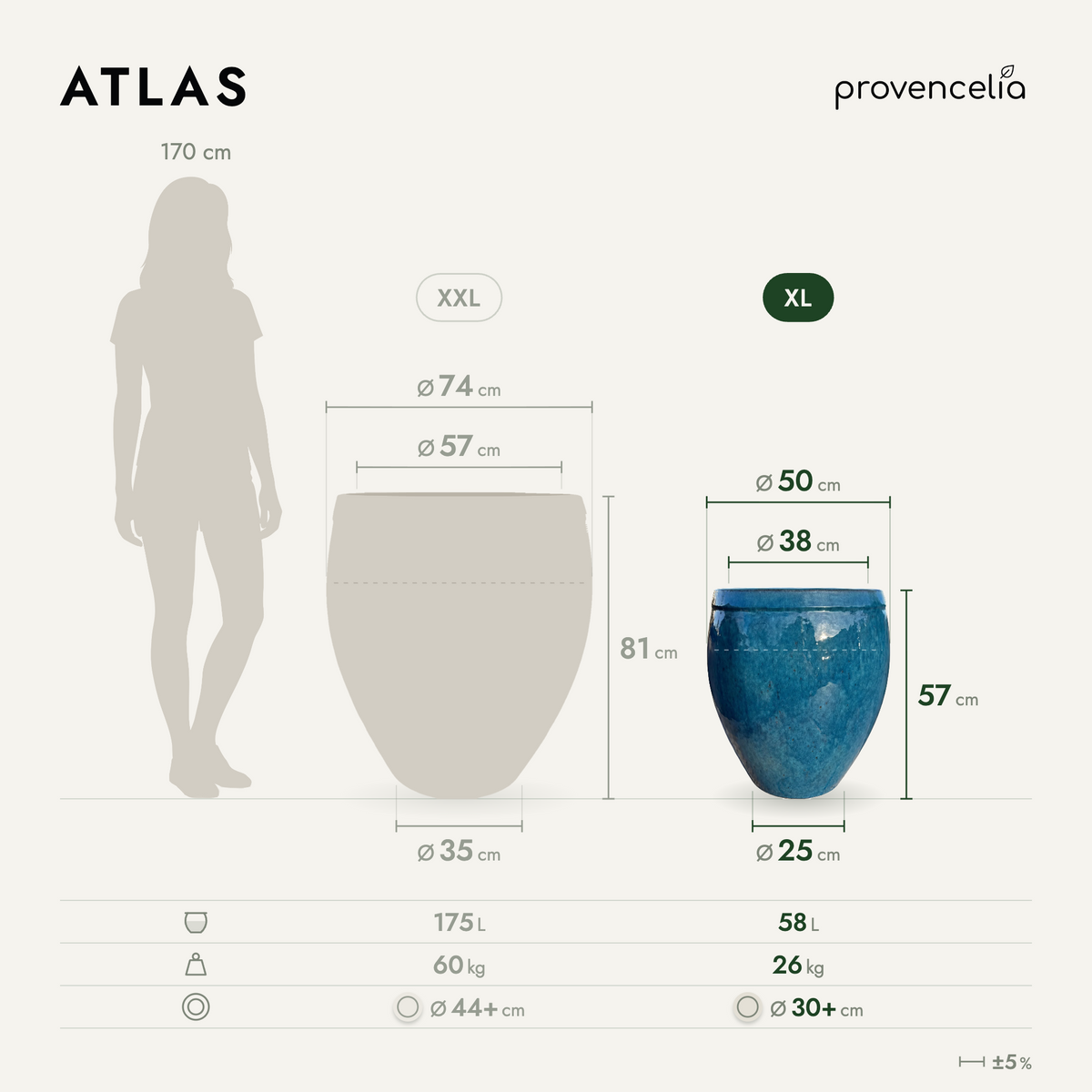 Pot ATLAS décoratif 52x58 cm bleu caraïbes en terre cuite émaillée, vue comparative des dimensions