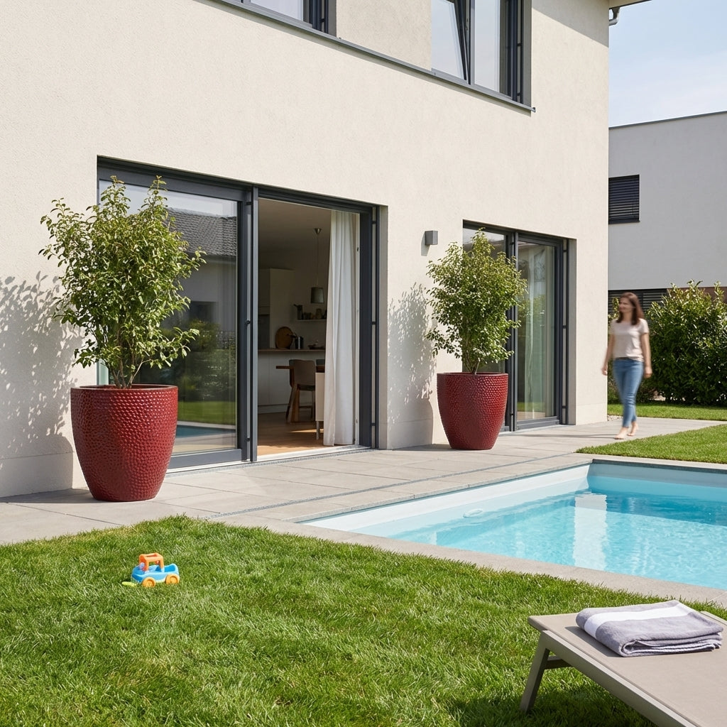 Císařsky červený keramický květináč Cigaline, ručně vyráběný z glazované terakoty.