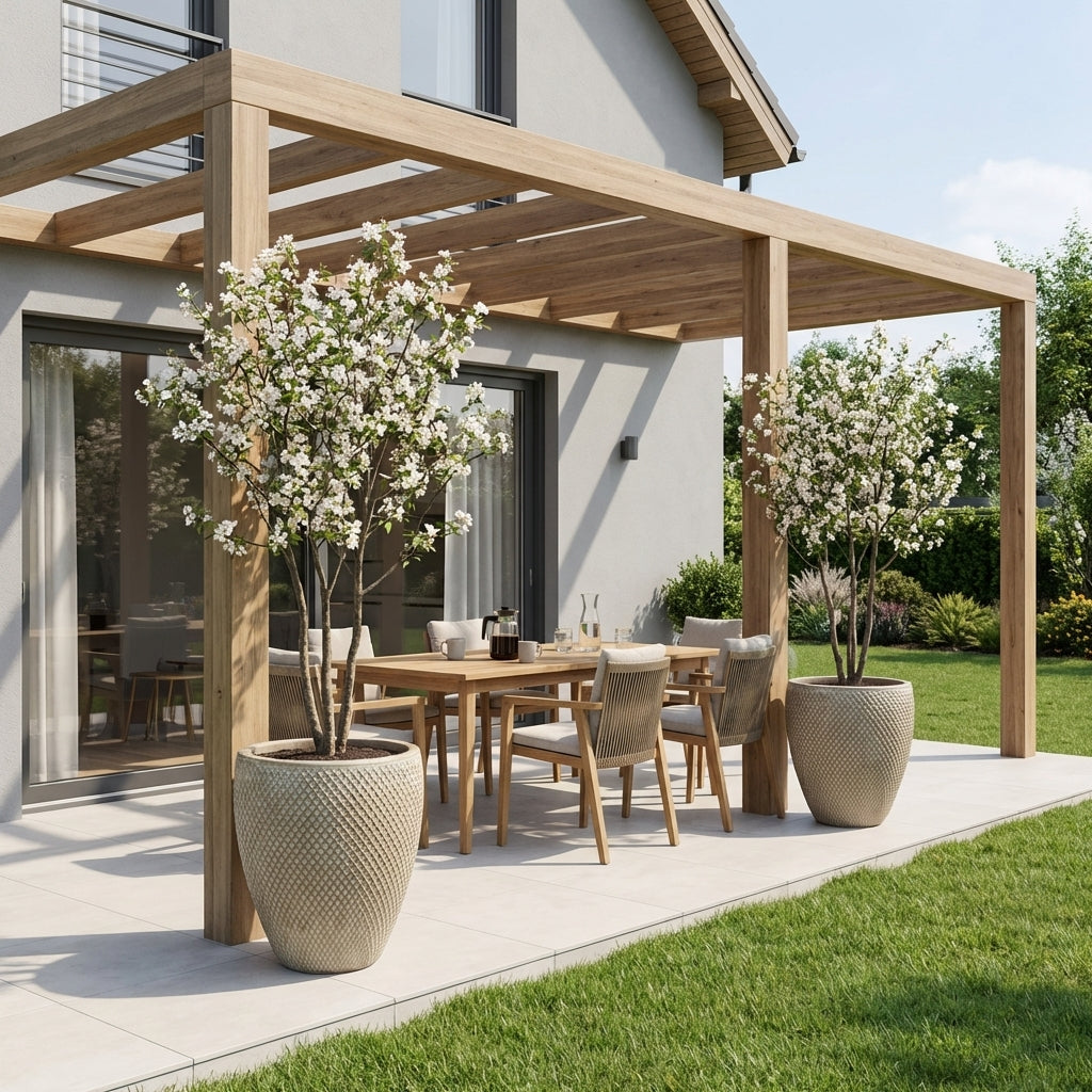 Detailní pohled na Keramický květináč Signac - Písková s rostlinou na prosluněné moderní rodinné terase.