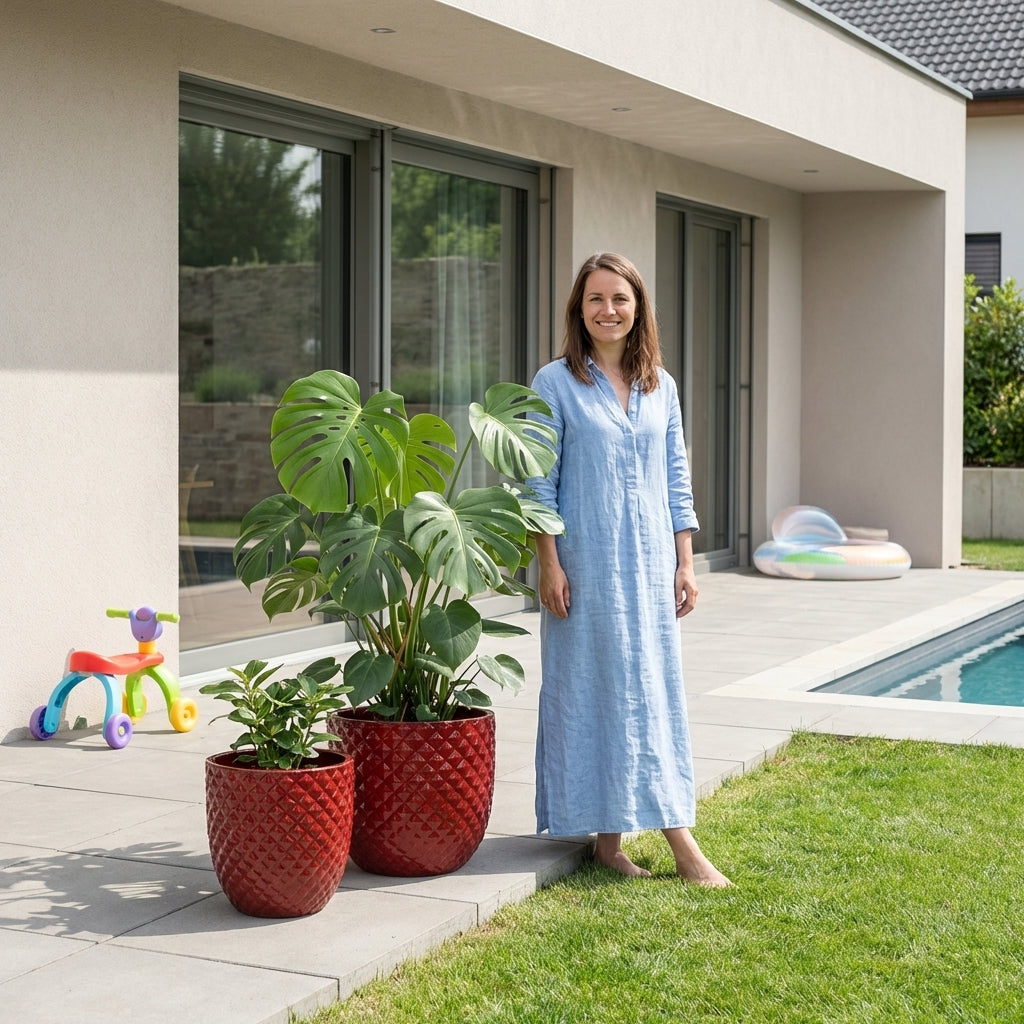 Detailní pohled na ručně vyráběný glazovaný keramický květináč Mars Císařsky červený z terakoty na moderní prosluněné terase s bazénem v pozadí.