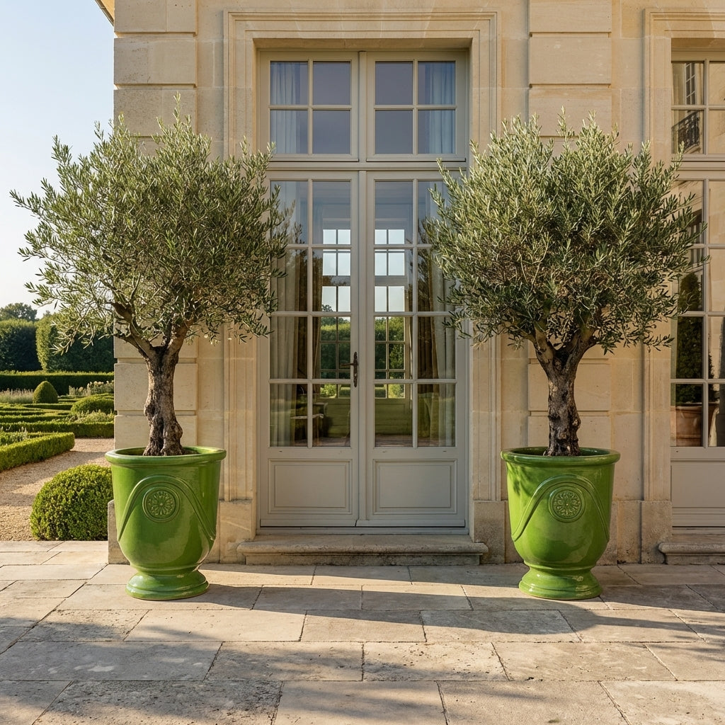 Detail jablečně zeleného keramického květináče Moliere s olivovníkem na slunné terase vily. Ručně vyráběný glazovaný květináč z terakoty s ozdobným reliéfem.