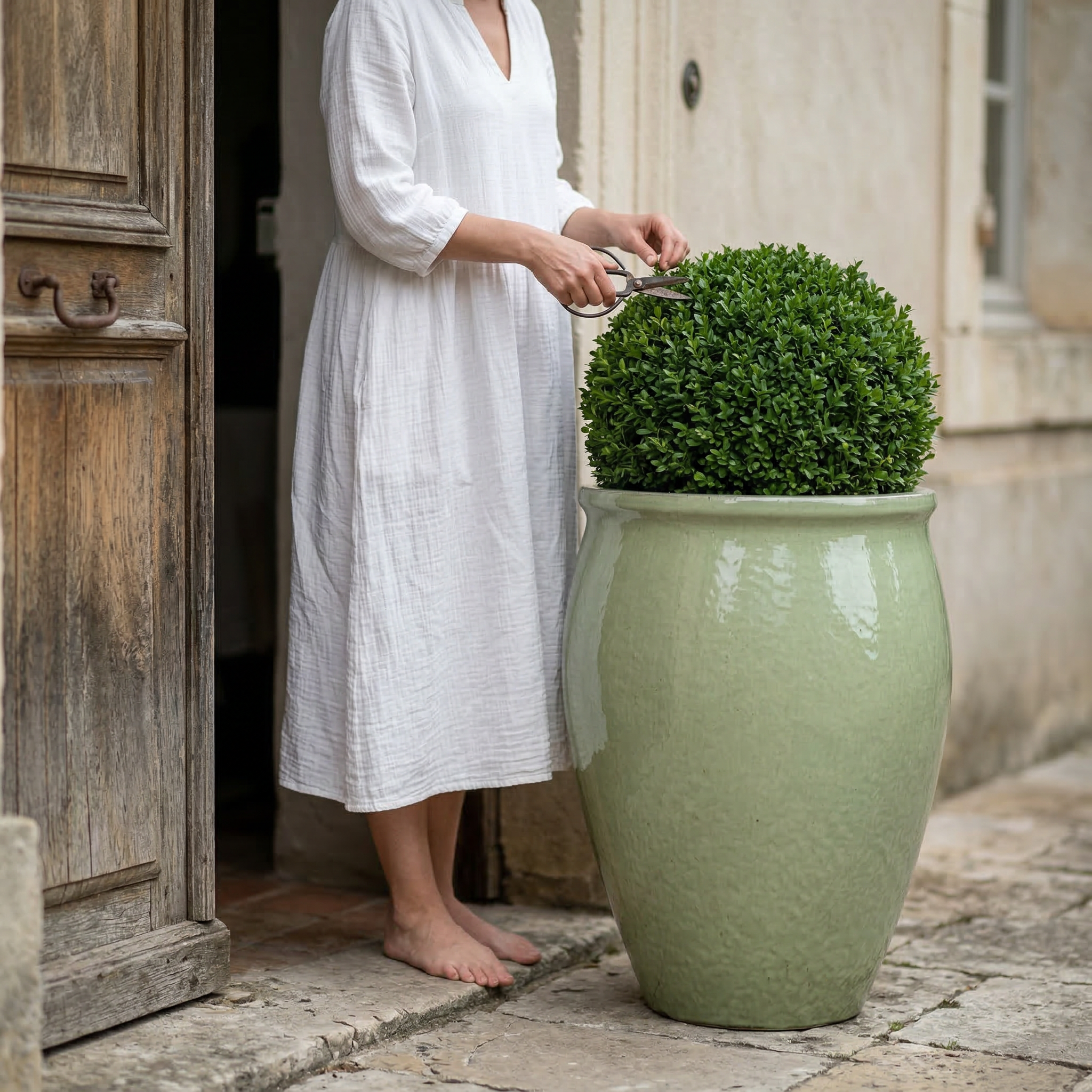 Provencelia Pflanzkübel BACCHUS Jadegrün – glasierte Keramik, Anduze-Stil