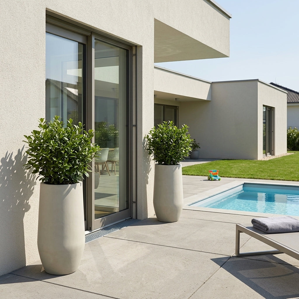 Detail béžového betonového květináče Zenith XXL (40x80 cm) se zasazeným keřem na moderní terase s bazénem.