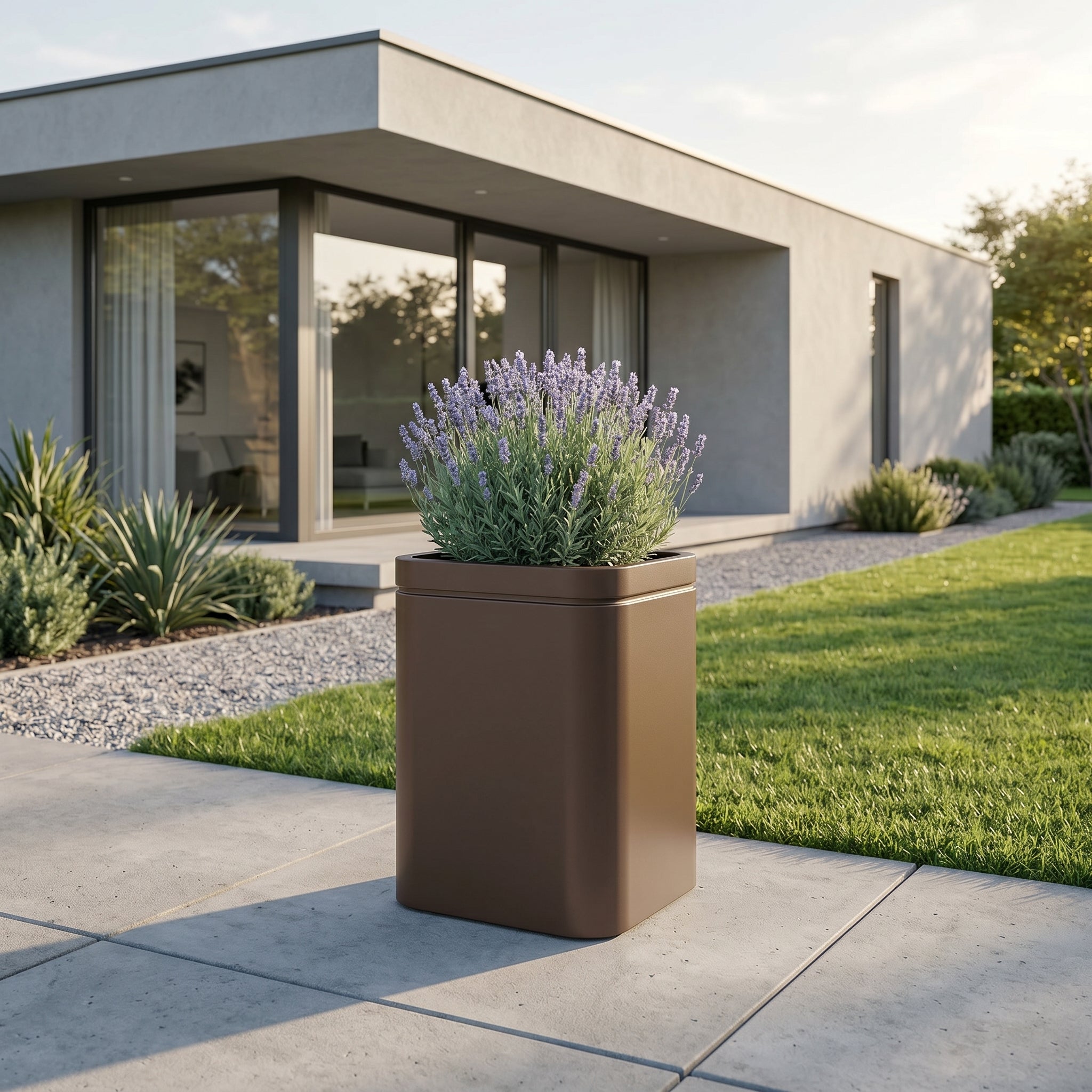 Pflanzkübel Metall Taupe draußen – INFINITY SQUARE wetterfest