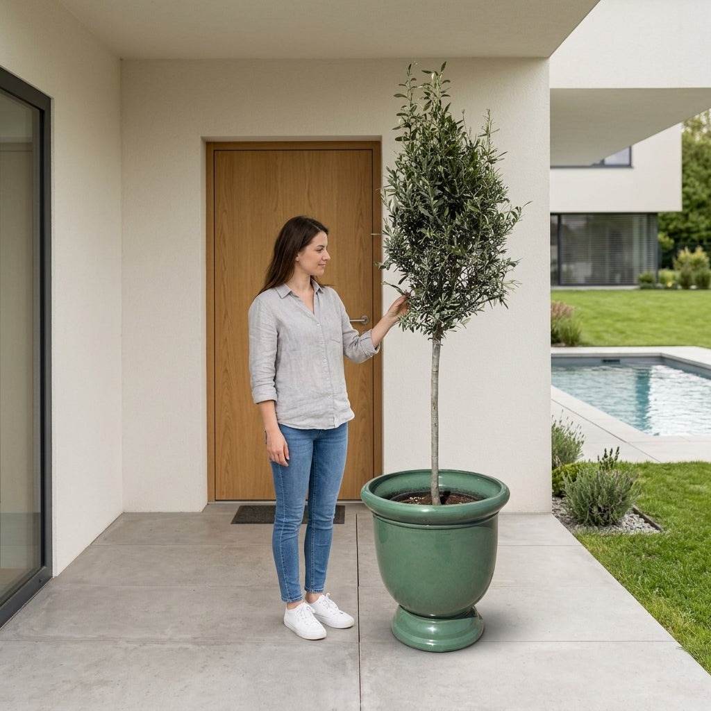 Olivenbaum schlanker Stamm im Pflanzkübel TITAN Jade – draußen auf der Terrasse