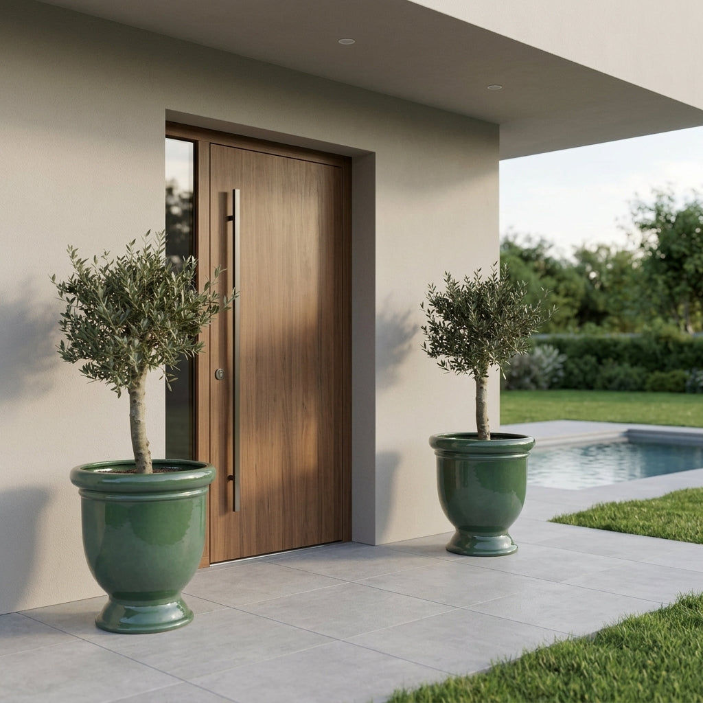 Olivenbaum kräftiger Stamm im Pflanzkübel TITAN Jade – draußen auf der Terrasse