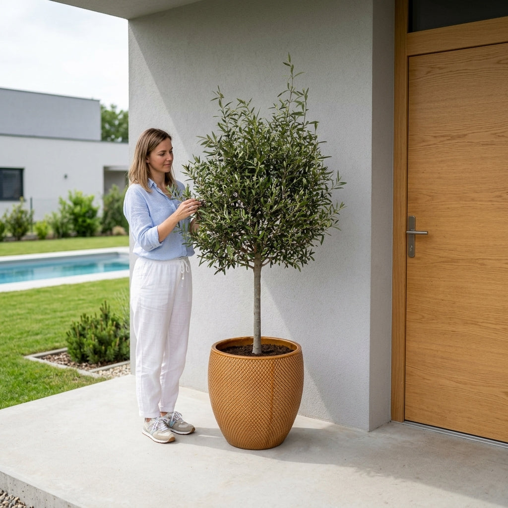Olivenbaum schlanker Stamm im Pflanzkübel SIGNAC Honigfarben – draußen auf der Terrasse