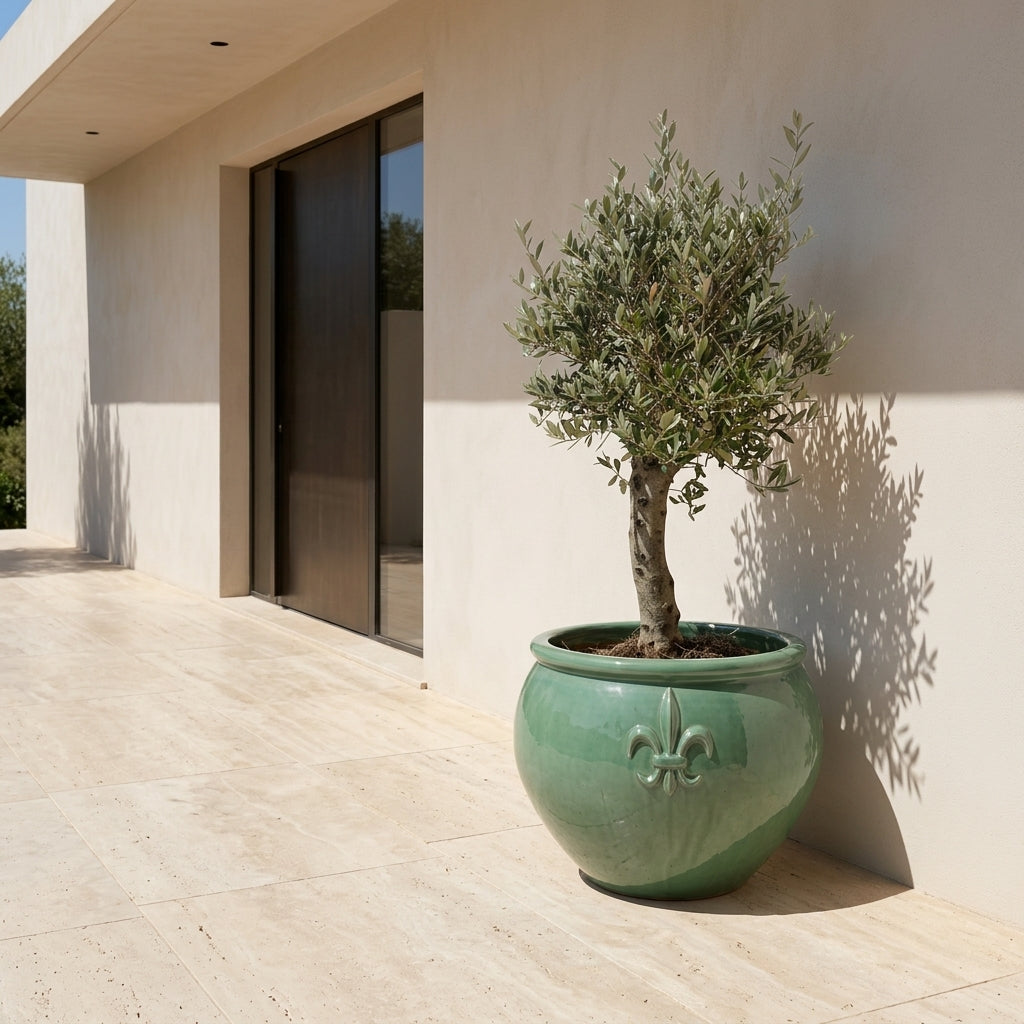 Olivenbaum kräftiger Stamm im Pflanzkübel CLOVIS Jade – draußen auf der Terrasse
