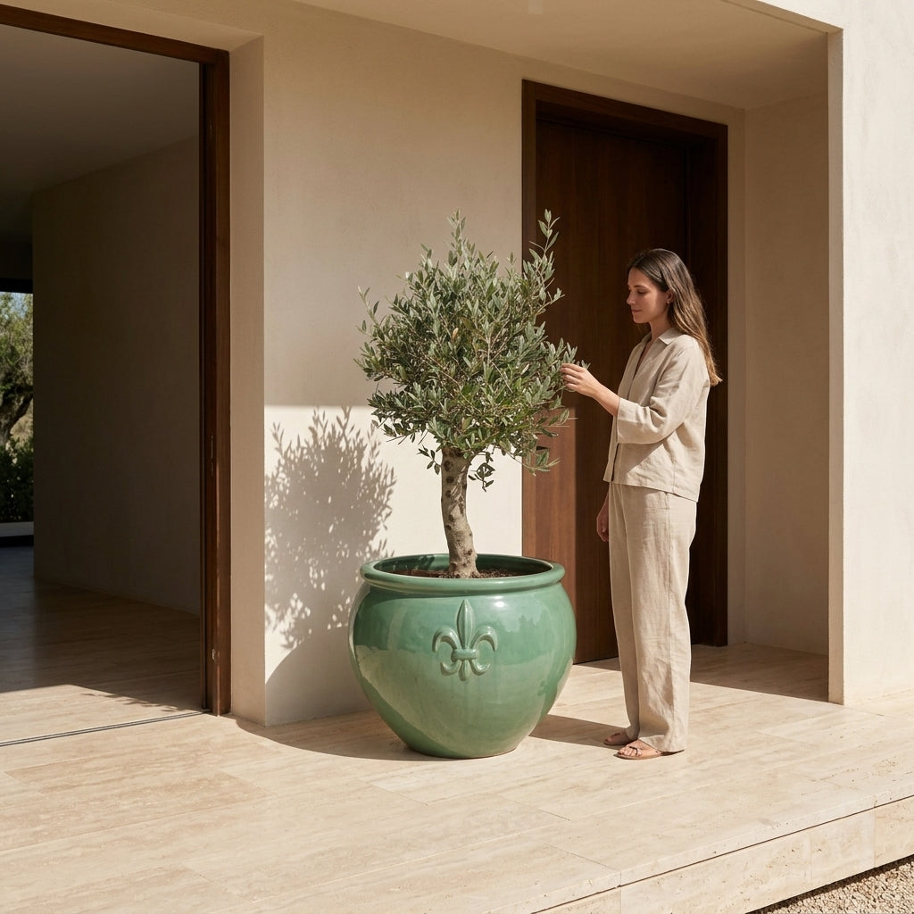 Olivenbaum kräftiger Stamm im Pflanzkübel CLOVIS Jade – draußen auf der Terrasse
