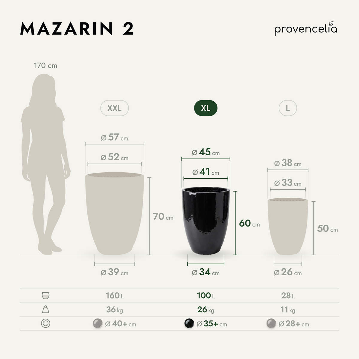 Keramik-Pflanzkübel Mazarin 2 – Schwarz, XL (45 x 60 cm)