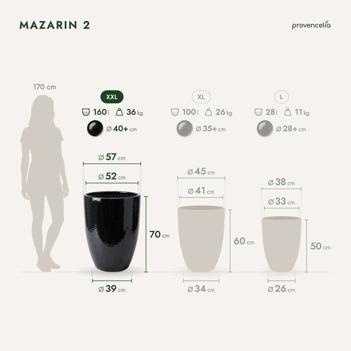 Keramik-Pflanzkübel Mazarin 2 – Schwarz, XXL (57 x 70 cm)