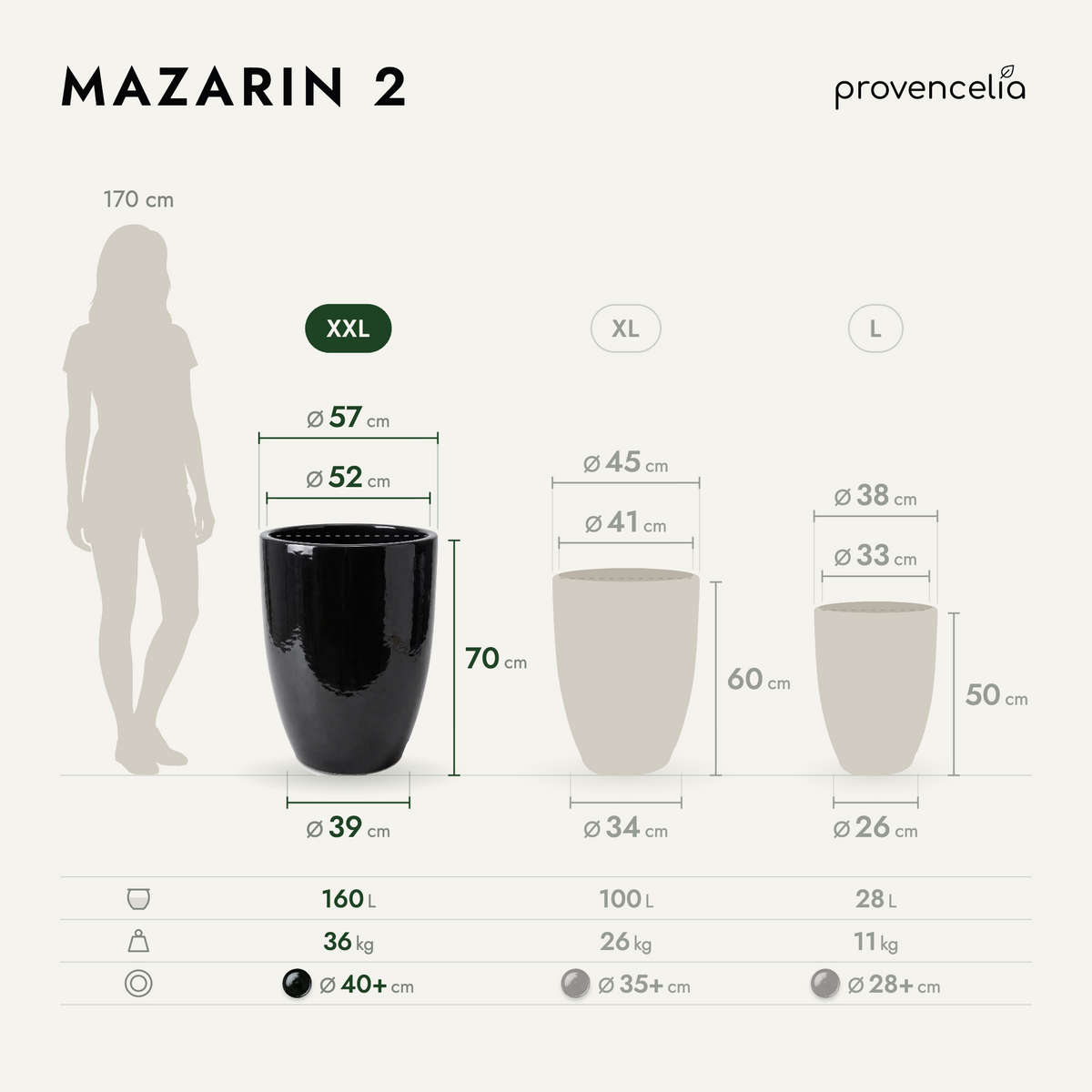Keramik-Pflanzkübel Mazarin 2 – Schwarz, XXL (57 x 70 cm)