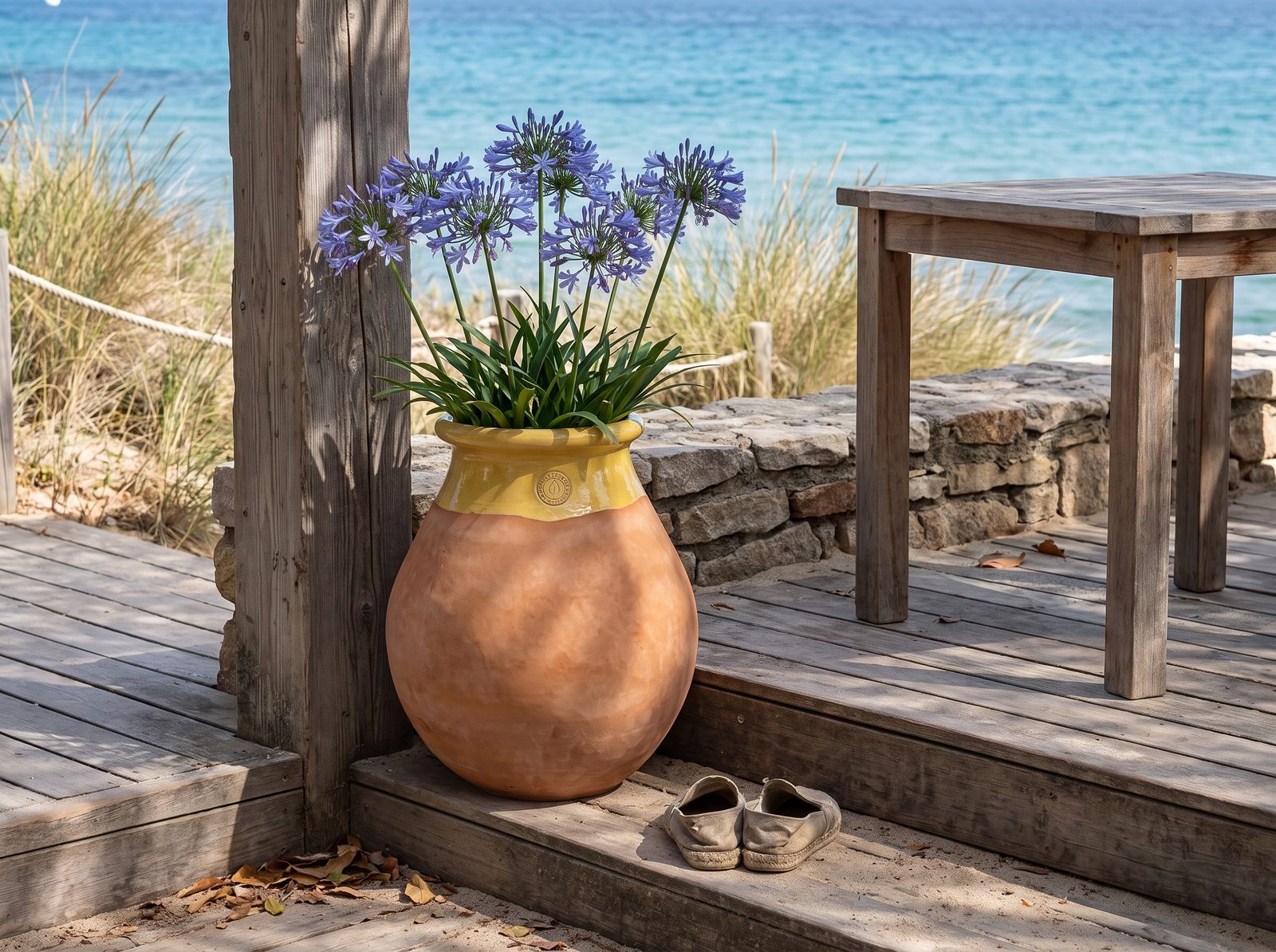 Biot mit Agapanthus an einer Steinmauer über dem Meer