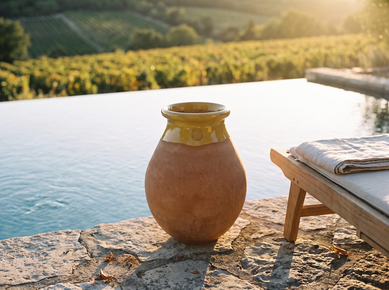Leerer Biot am Pool in der untergehenden Sonne