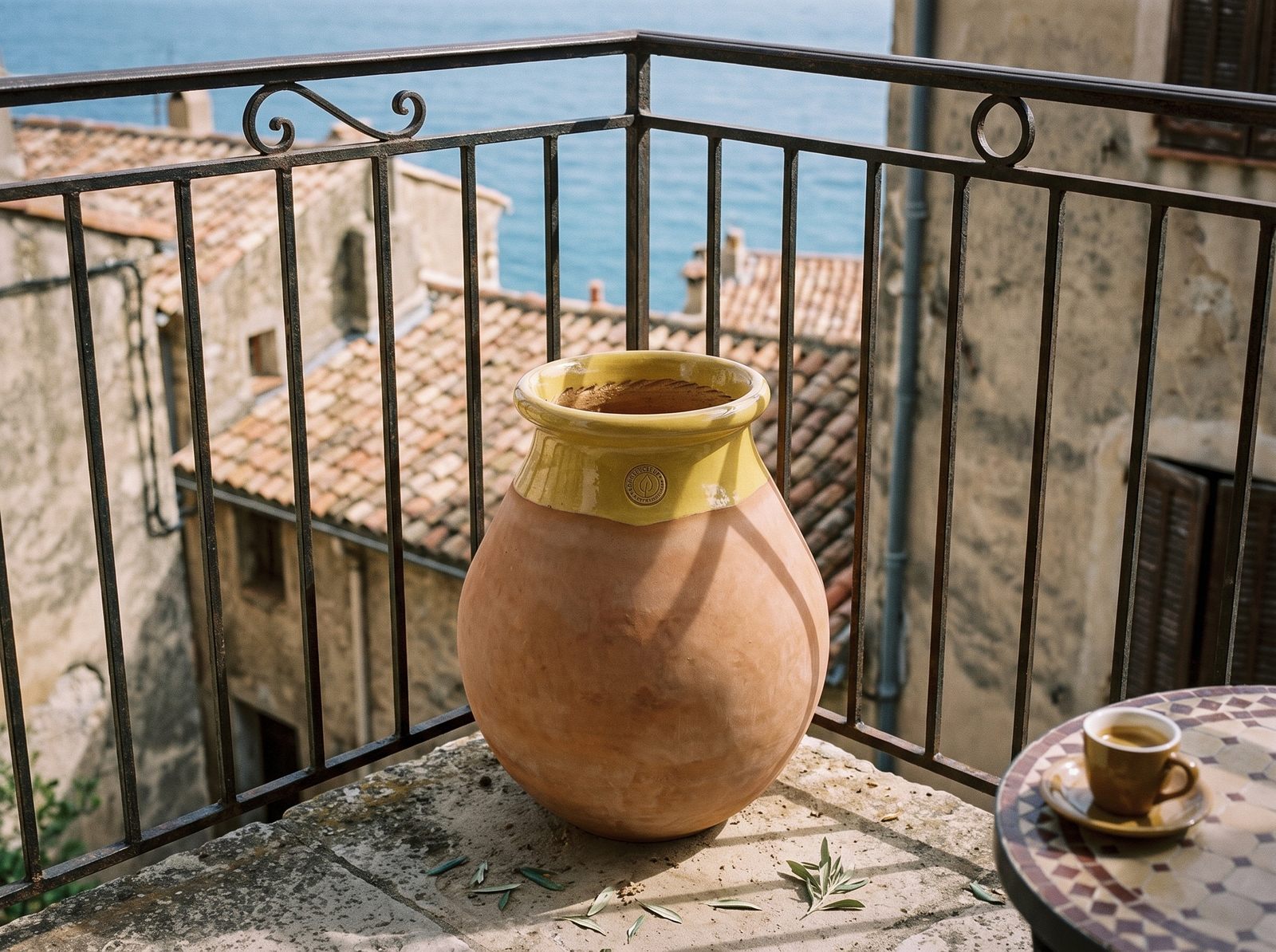 Leerer Biot auf einer Dachterrasse über dem Meer